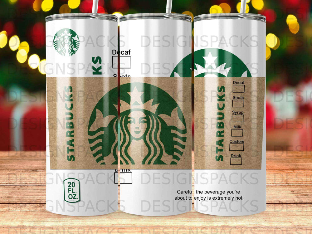 Starbucks tumbler with green logo, showing "Decaf," "Shots," "Syrup," "Milk," and "Drink" labels.