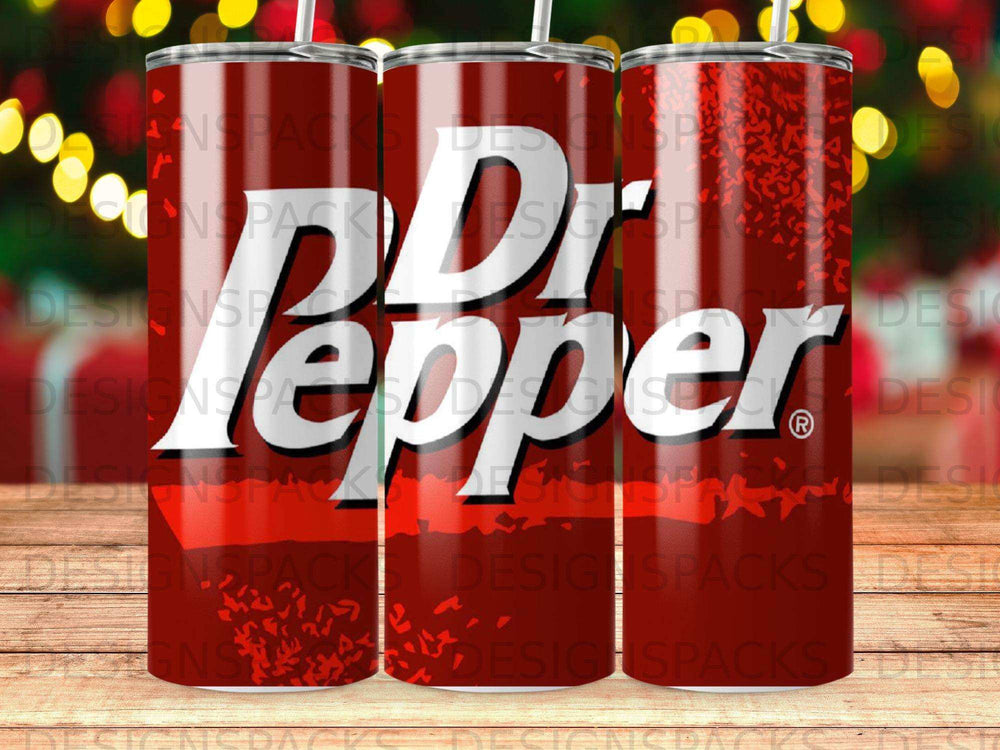 Dr Pepper logo on a red patterned tumbler, three tumblers shown.