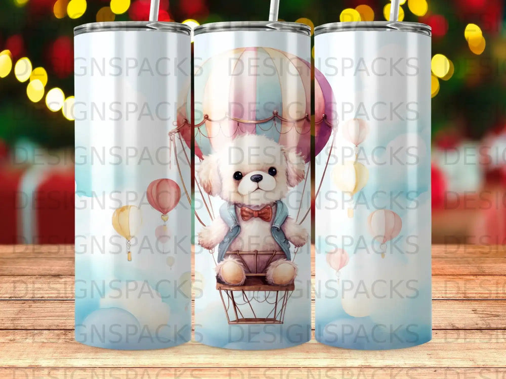 Fluffy white teddy bear in hot air balloon basket, wearing blue bow tie.