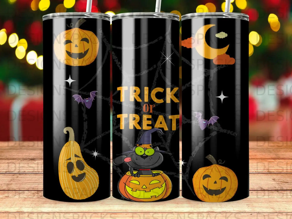 Halloween tumbler with pumpkins, bats, and "Trick or Treat" text.