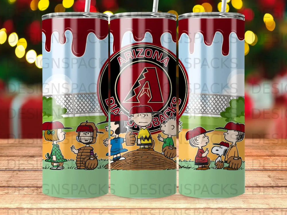 Arizona Cardinals characters and logo on a red and white striped tumbler.