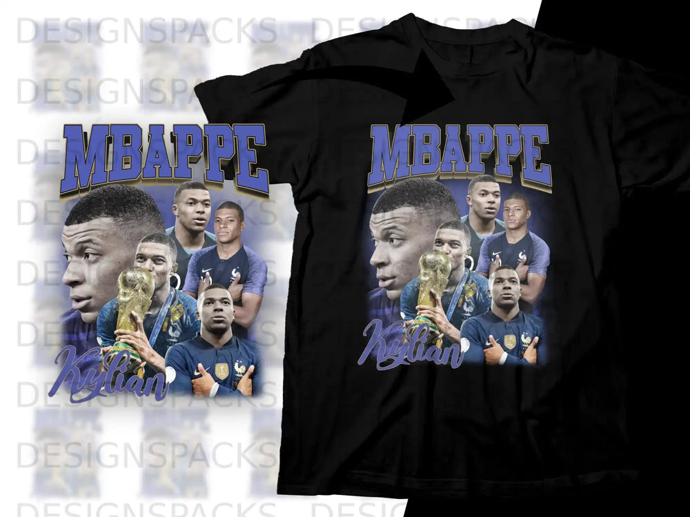 Mbappe collage on black t-shirt with golden trophy and "Kylian" text.