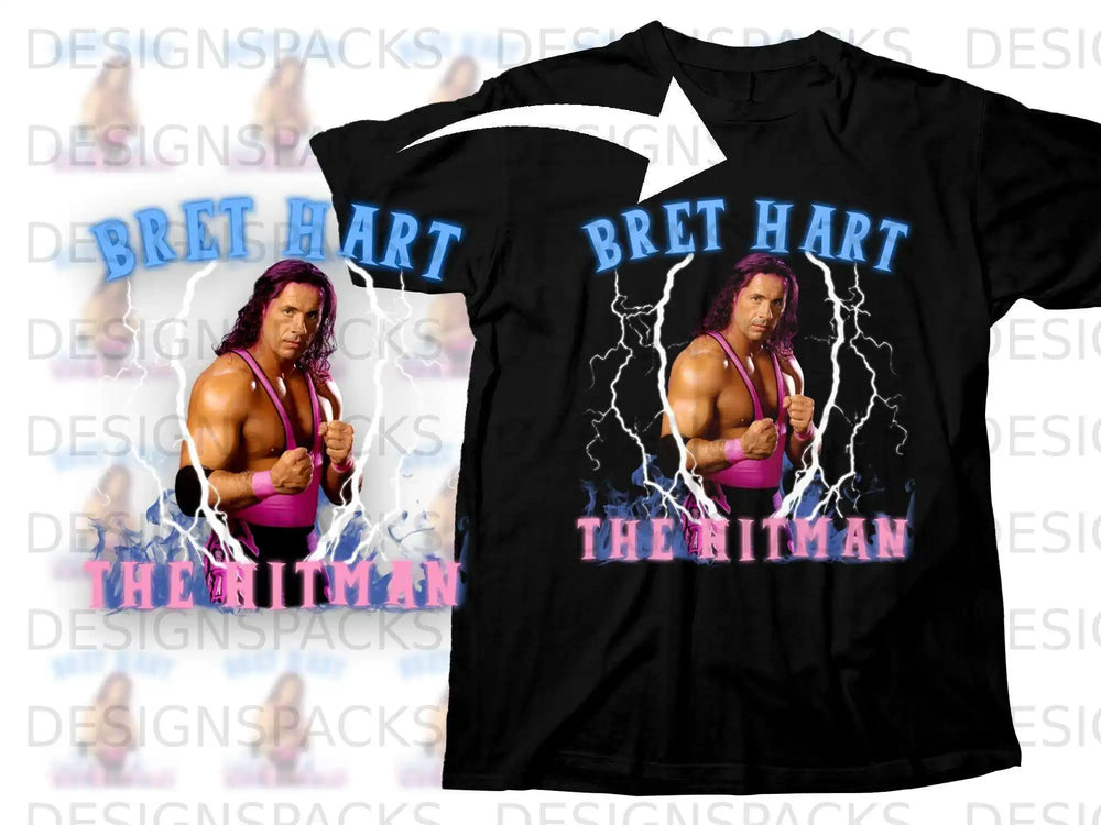 Black t-shirt featuring Bret Hart, "The Hitman," with lightning graphics.