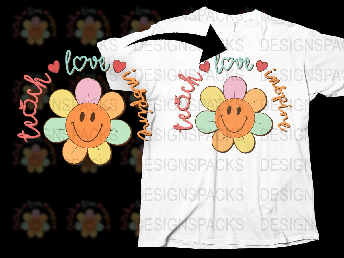 Whimsical Flower Love Graphic T-Shirt, Cute Smiling Daisy Tee, Colorful Hearts and Flowers Design, Casual Fashion Top
