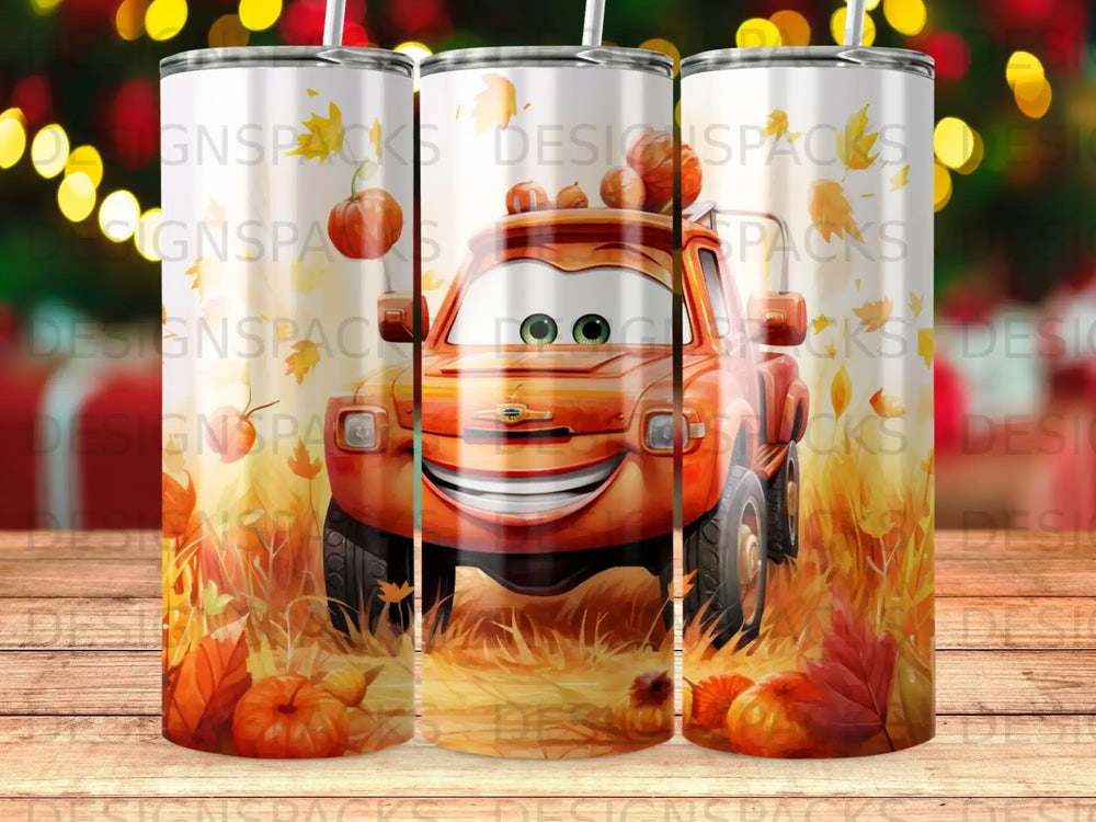 Lightning McQueen character on a tumbler surrounded by pumpkins and fall leaves.