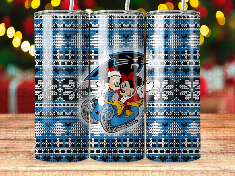 Carolina Panthers Mickey and Minnie Mouse on a sleigh with a snowflake pattern.