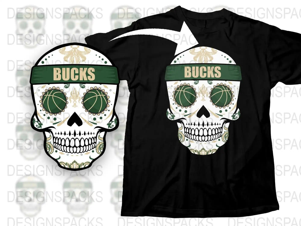 Milwaukee Bucks Inspired Skull T-Shirt, Basketball Fan Apparel, Sports Team Graphic Tee, Unique Gift Idea