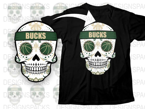 Milwaukee Bucks Inspired Skull T-Shirt, Basketball Fan Apparel, Sports Team Graphic Tee, Unique Gift Idea