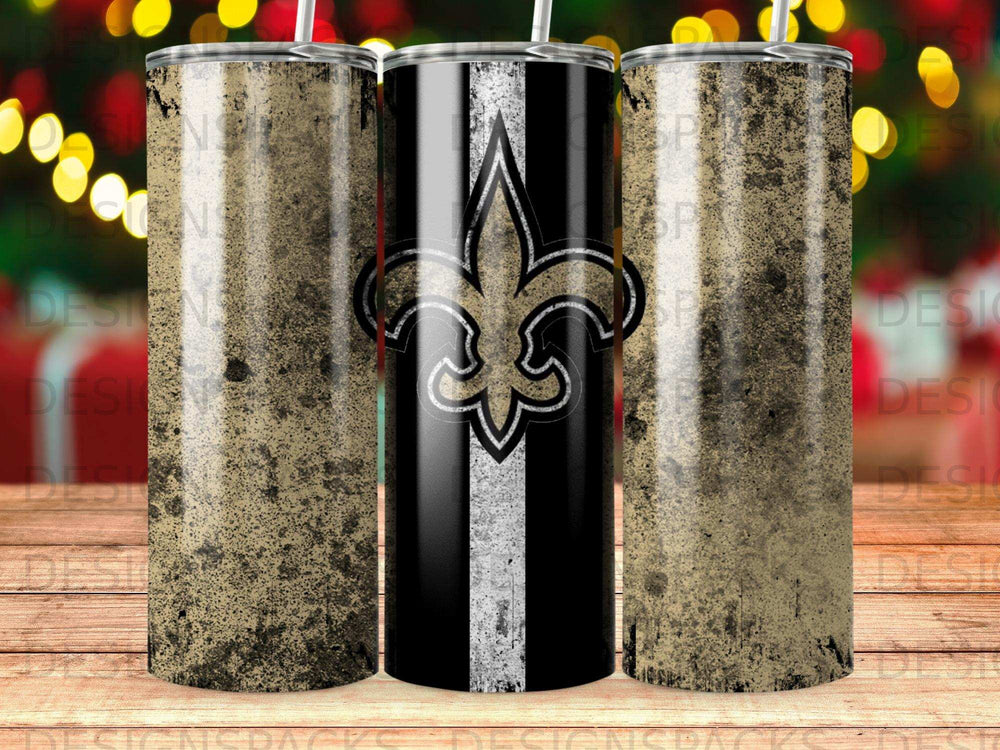 New Orleans Saints logo on a tumbler with distressed gold and black design.