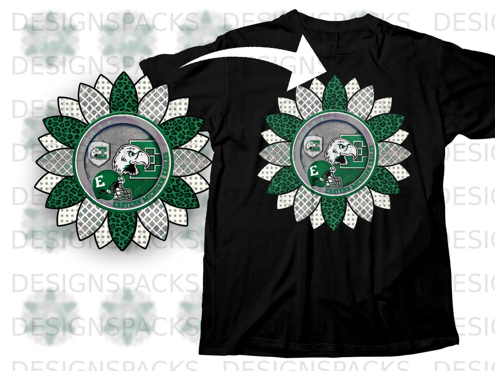 Sunflower graphic with Eastern Michigan Eagles logos on a black t-shirt.