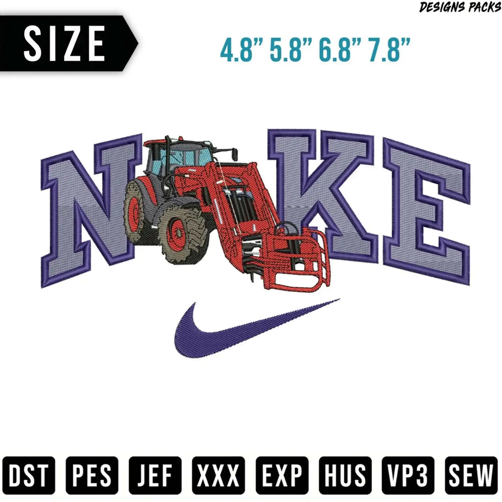 Tractor inside Nike logo with size options and embroidery file types.