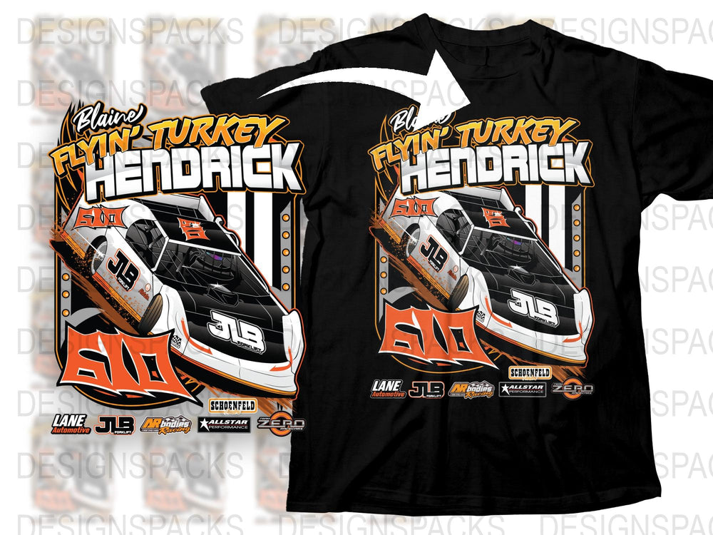 Racing Team T-Shirt, Flyin' Turkey Hendrick Graphic, Cool Car Design Tee, Black and Orange