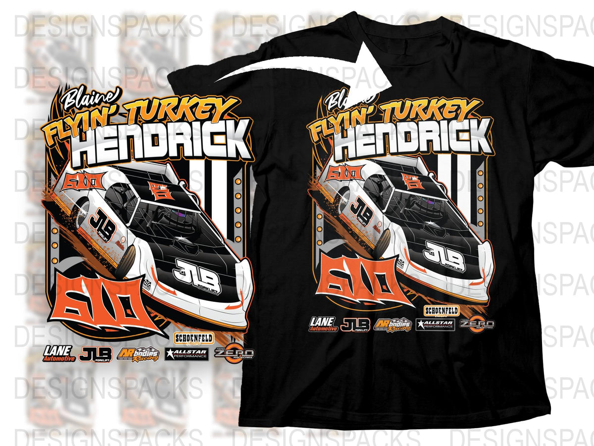 Racing Team T-Shirt, Flyin' Turkey Hendrick Graphic, Cool Car Design Tee, Black and Orange