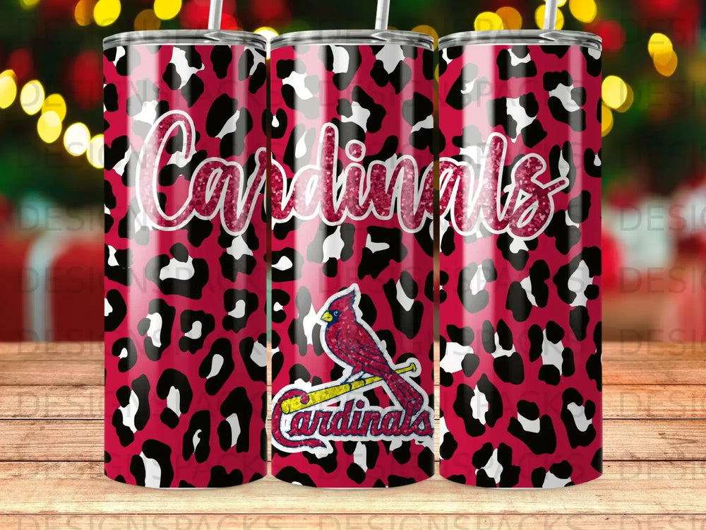 Red leopard print tumbler with "Cardinals" text and bird logo.