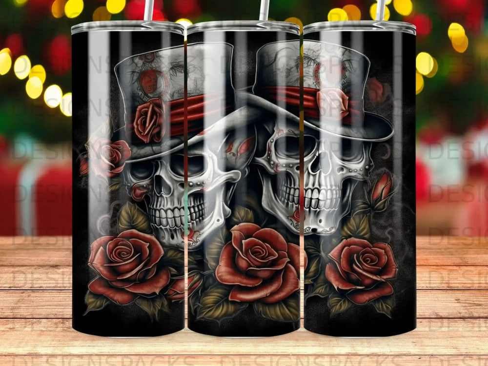 Two skulls wearing top hats and roses against a dark background.