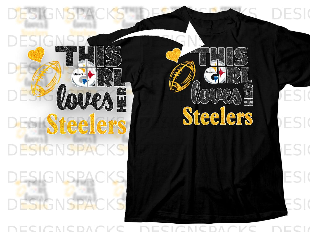 Black t-shirt with "This girl loves Steelers" and Pittsburgh Steelers logo graphic.