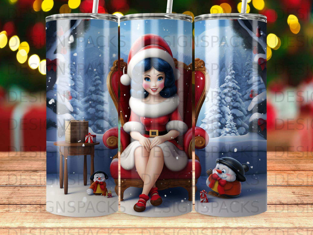 Snowy scene with Santa's helper, snowman, and gift box, on a tumbler.
