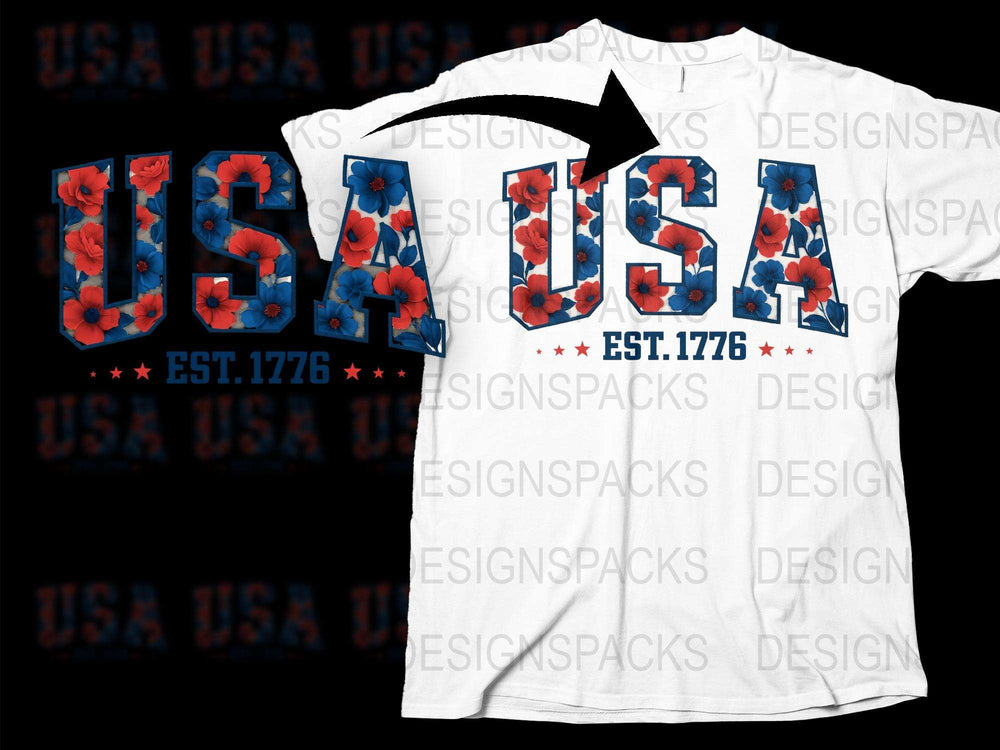 USA Patriotic T-Shirt, Floral Print, American Flag, Est. 1776, Unisex Adult Clothing, Casual Style