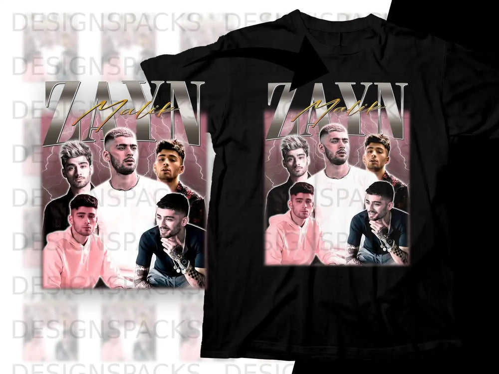 Zayn Malik collage on black t-shirt, with lightning and "Zayn" text.