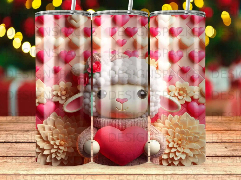Pink floral tumbler with a sheep character holding a red heart.