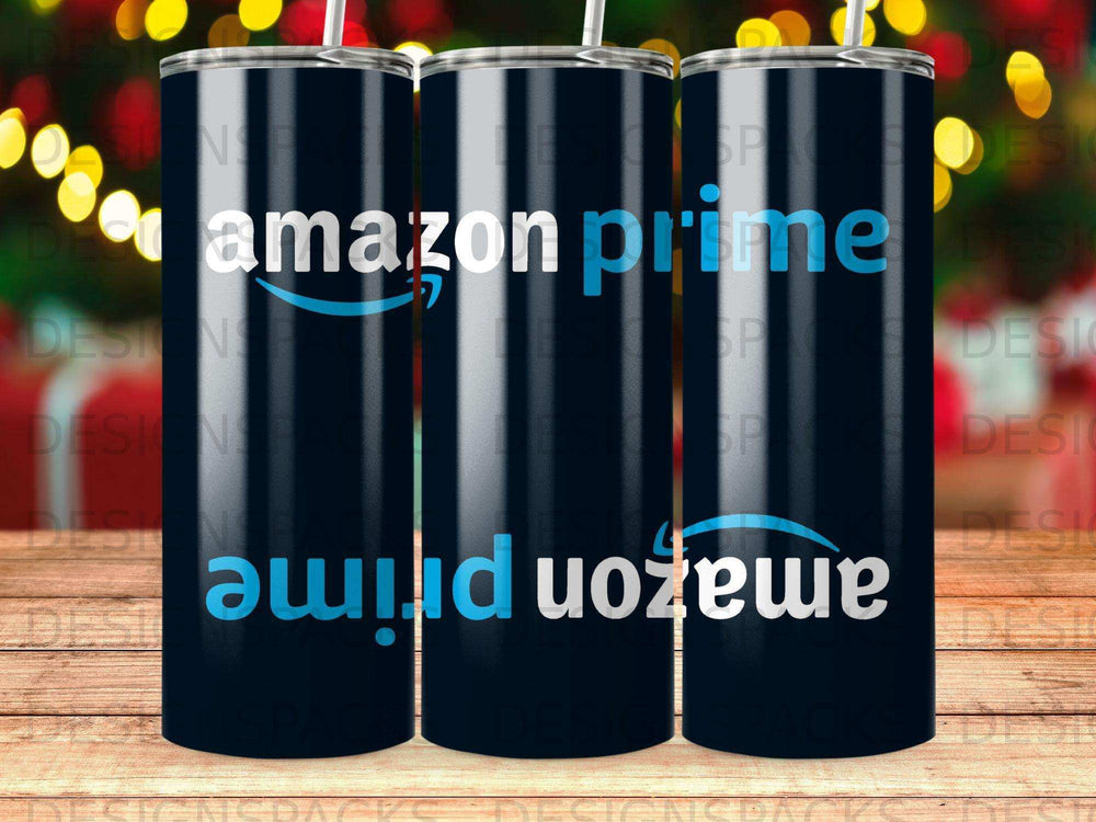 Dark blue tumbler with "amazon prime" logo repeated on its surface.