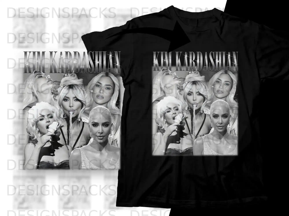 Kim Kardashian collage on black t-shirt.