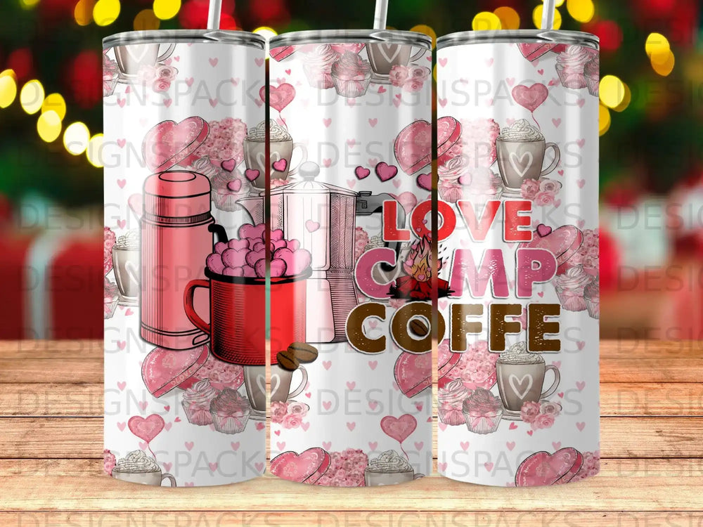 Travel tumbler with coffee cup, hearts, and "Love Coffee" text.