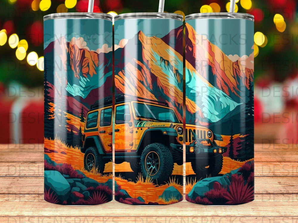 Yellow Jeep Wrangler on rocky mountain landscape with pine trees and blue sky.