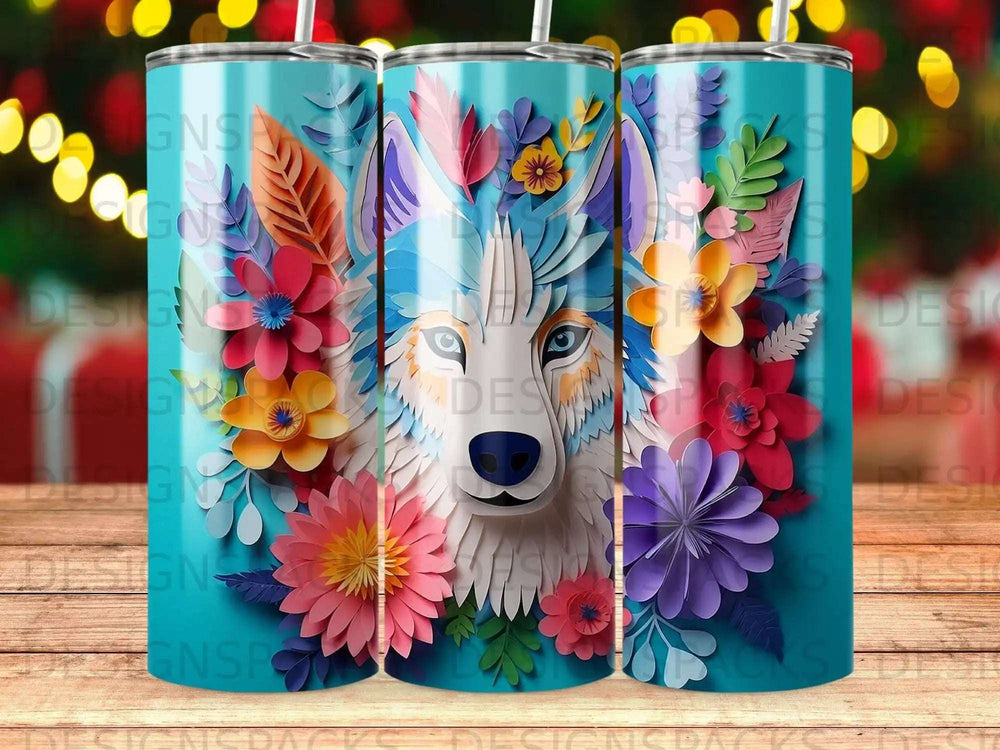 Blue wolf with colorful floral accents and ornate paper cutout details.