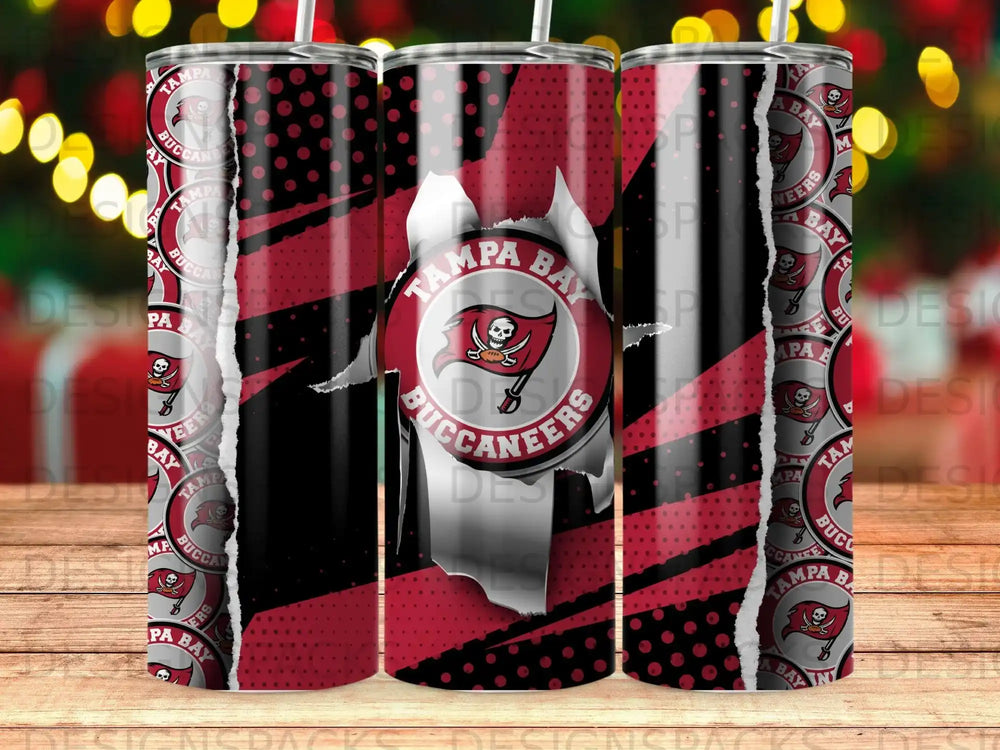 Tampa Bay Buccaneers logo on a torn pattern tumbler design.