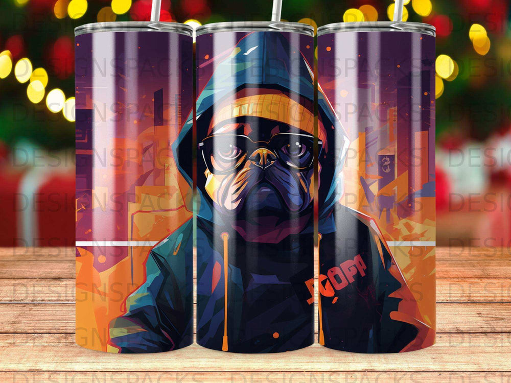 Abstract graphic of a pug in a hoodie wearing sunglasses.
