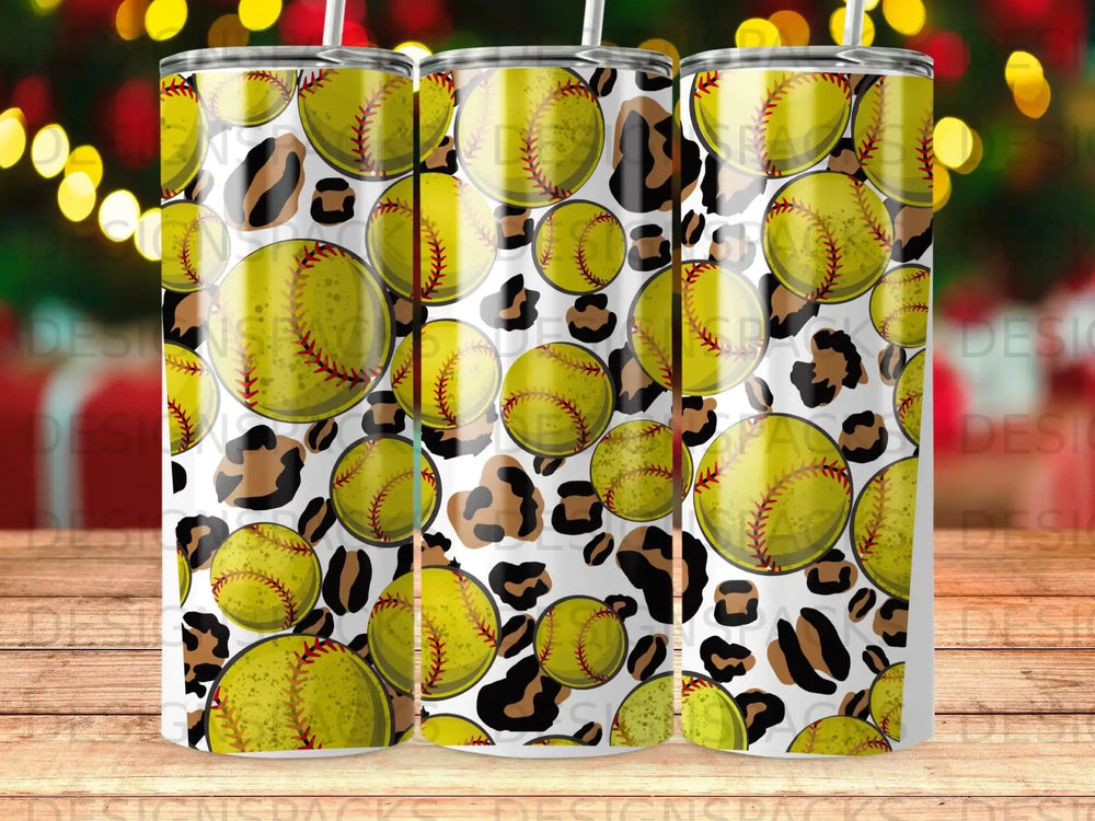 Softball pattern with leopard print on a tumbler wrap.