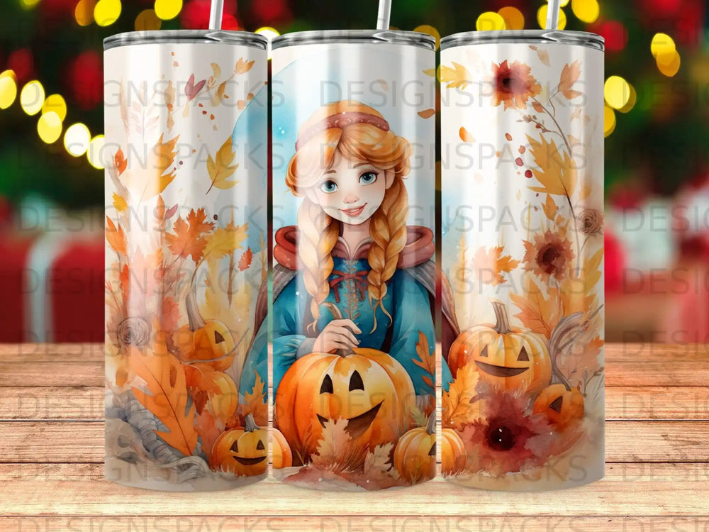 Girl in blue dress with pumpkins and autumn leaves.