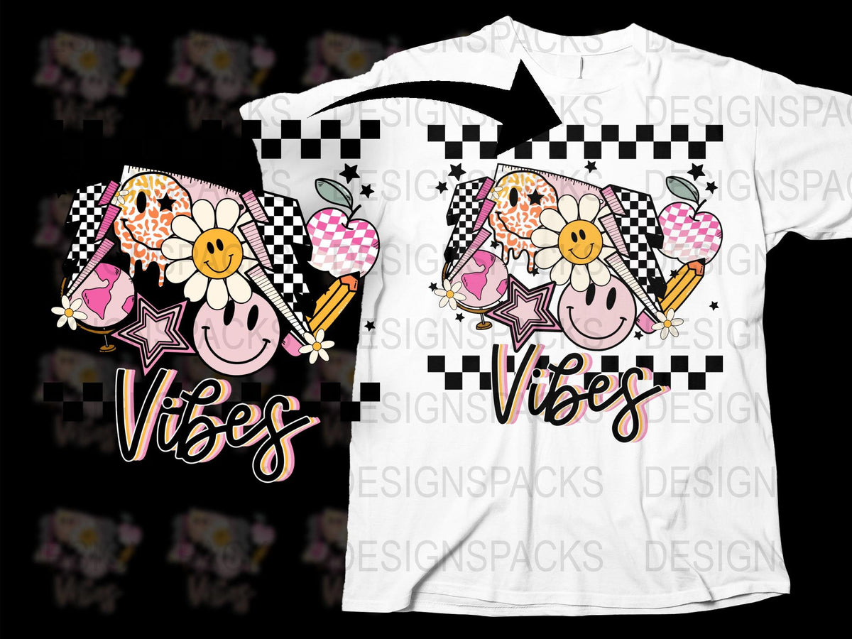 Cute Vibes Graphic T-Shirt, Colorful Smileys, Checkered Pattern, Fun Star and Heart Icons, Stylish Casual Wear