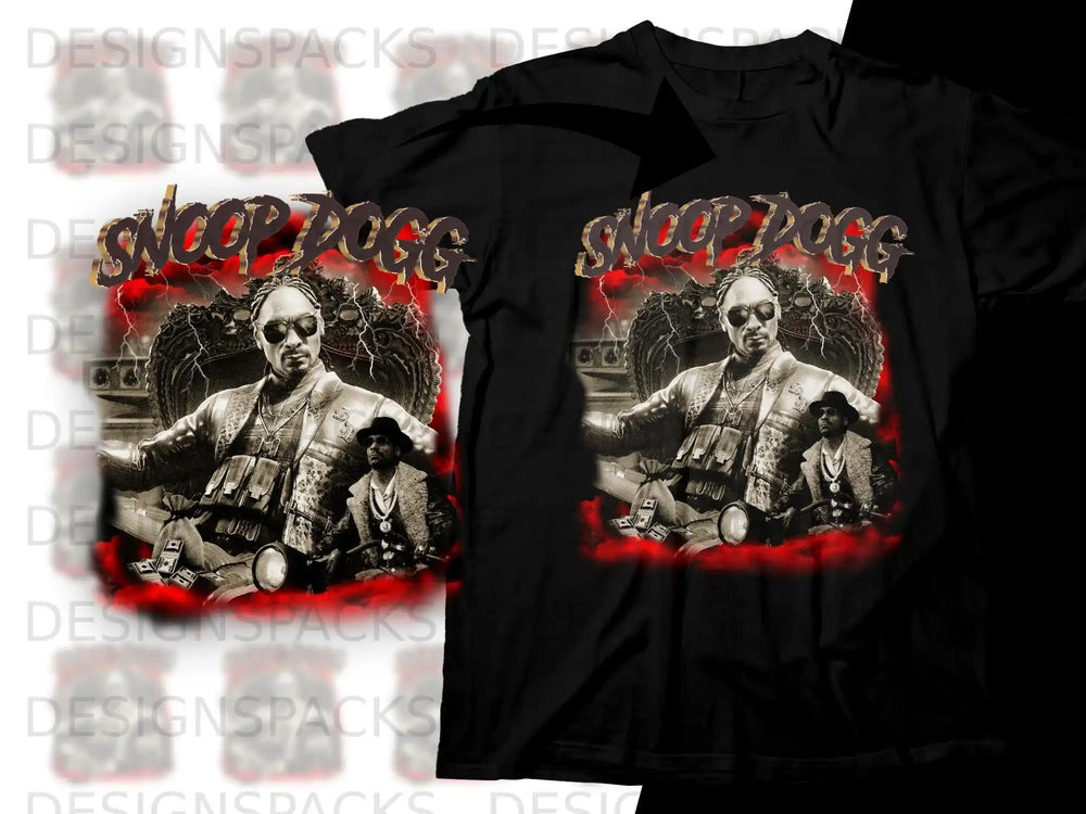 Black t-shirt featuring Snoop Dogg artwork with red fiery accents.
