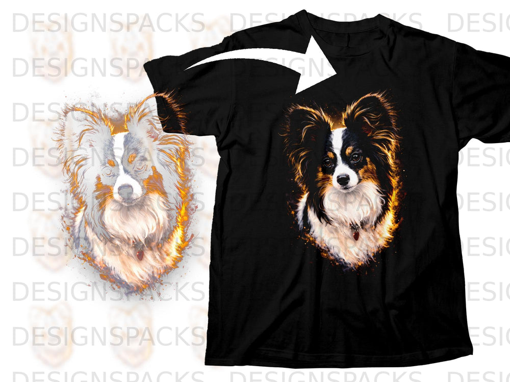 Black t-shirt with a close-up artistic depiction of a long-haired dog.