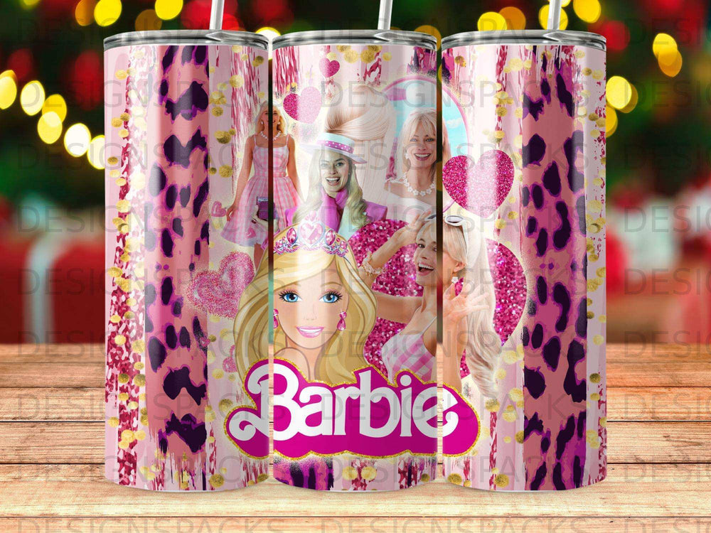 Barbie tumbler with leopard print and pink glitter accents.