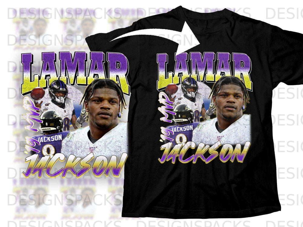Lamar Jackson Ravens t-shirt with player portrait and "LAMAR JACKSON" text.
