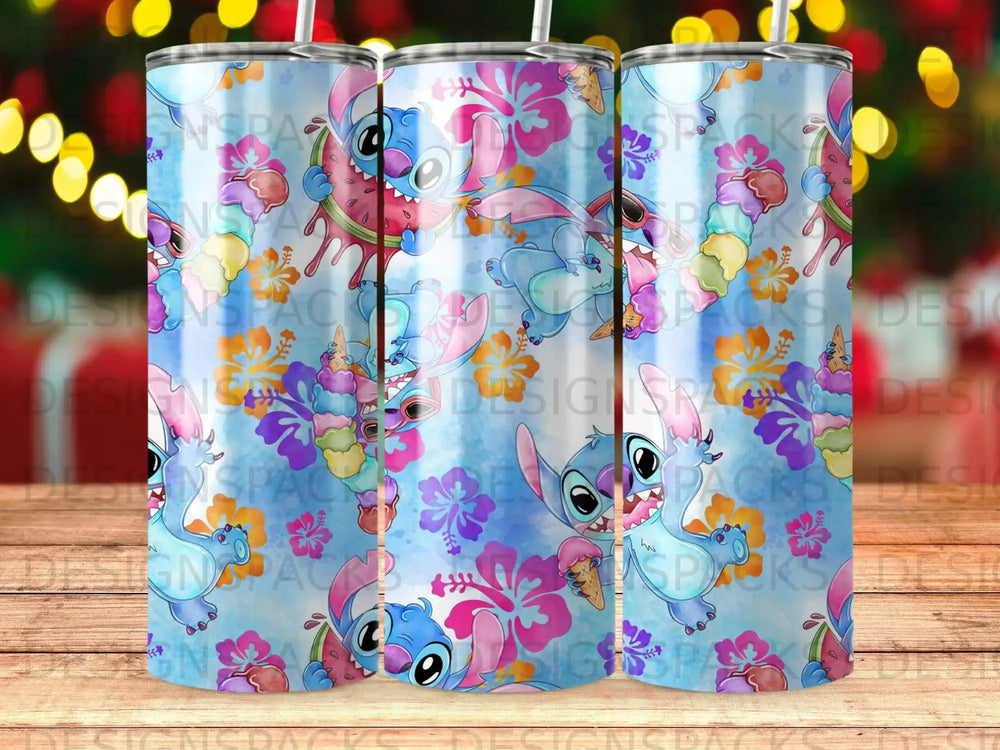 Blue tumbler with Stitch and tropical flowers.