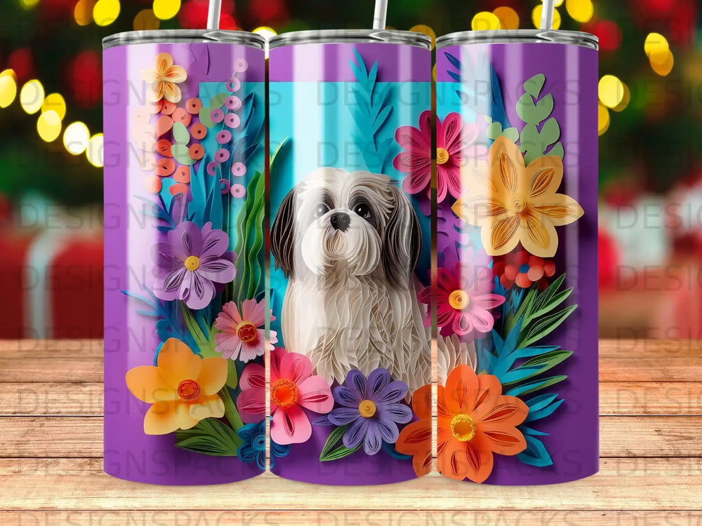 Shih Tzu dog among colorful paper flowers on a purple patterned tumbler.