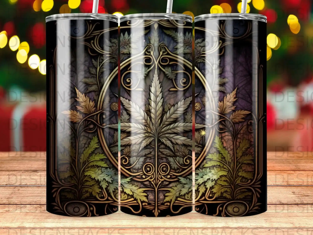 Cannabis leaf design on a tapered cylindrical tumbler with a dark, ornate background.
