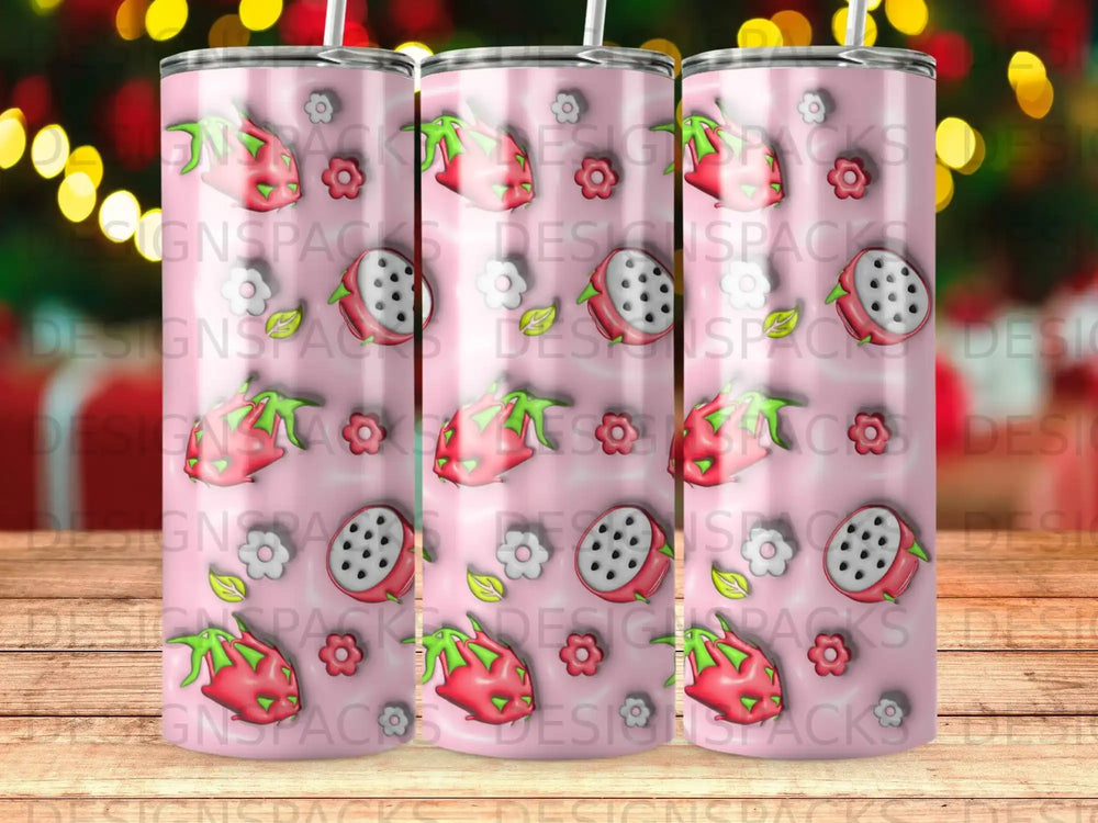 Pink tumbler with repeating dragon fruit pattern and floral accents.