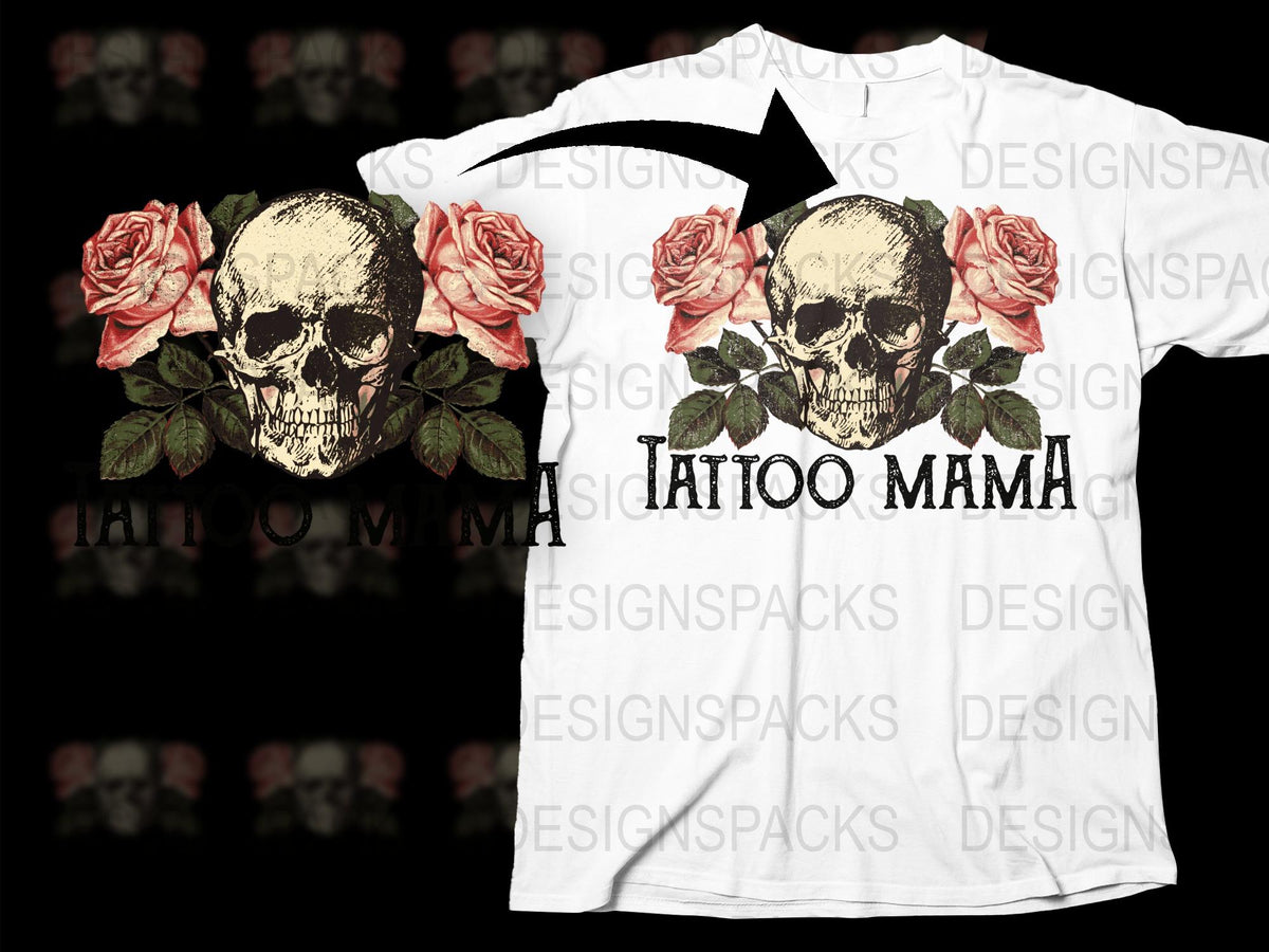 Tattoo Mama T-Shirt Skull and Roses Graphic Tee, Vintage Style Floral Skull Shirt, Unique Gothic Clothing, Gift for Tattoo Lovers
