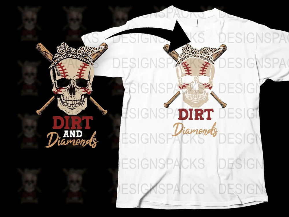 Dirt and Diamonds Baseball T-Shirt, Skull Graphic Tee, Leopard Print, Sports Casual Wear