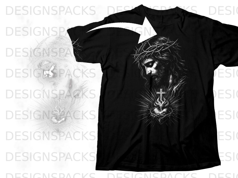Black t-shirt with a detailed graphic of Jesus wearing a crown of thorns and Sacred Heart.
