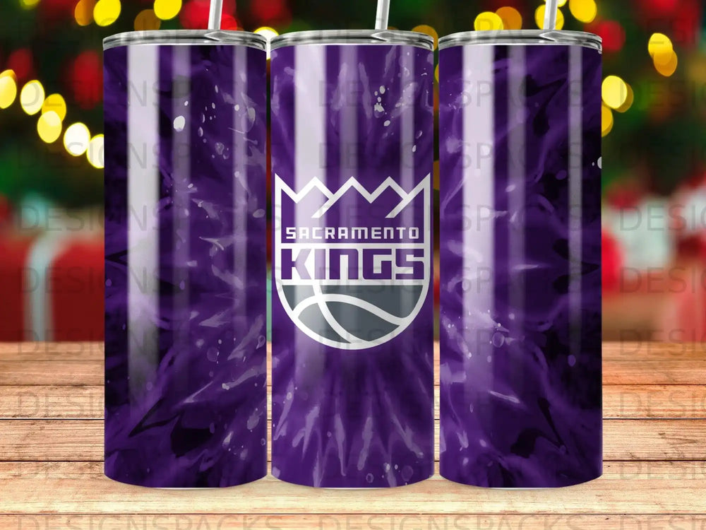 Sacramento Kings logo on a purple tie-dye tumbler.