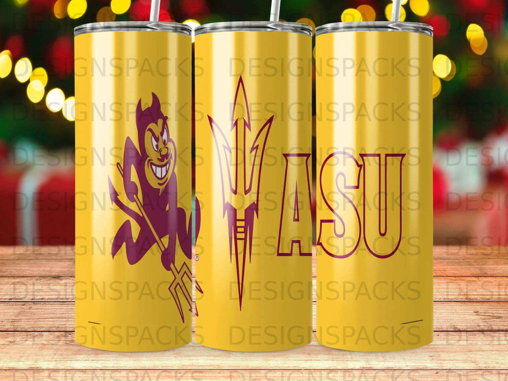 Three tumblers with ASU logo and "DESIGNSPACKS" repeated pattern.