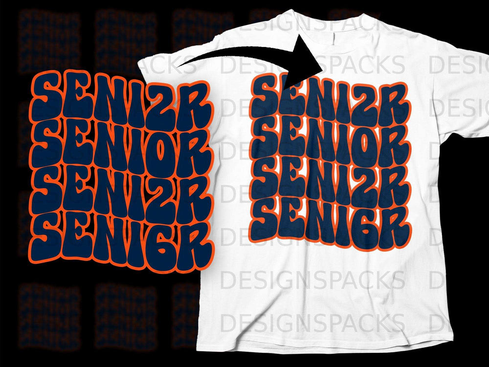 Navy and orange "SENIOR" text stacked on a white t-shirt.