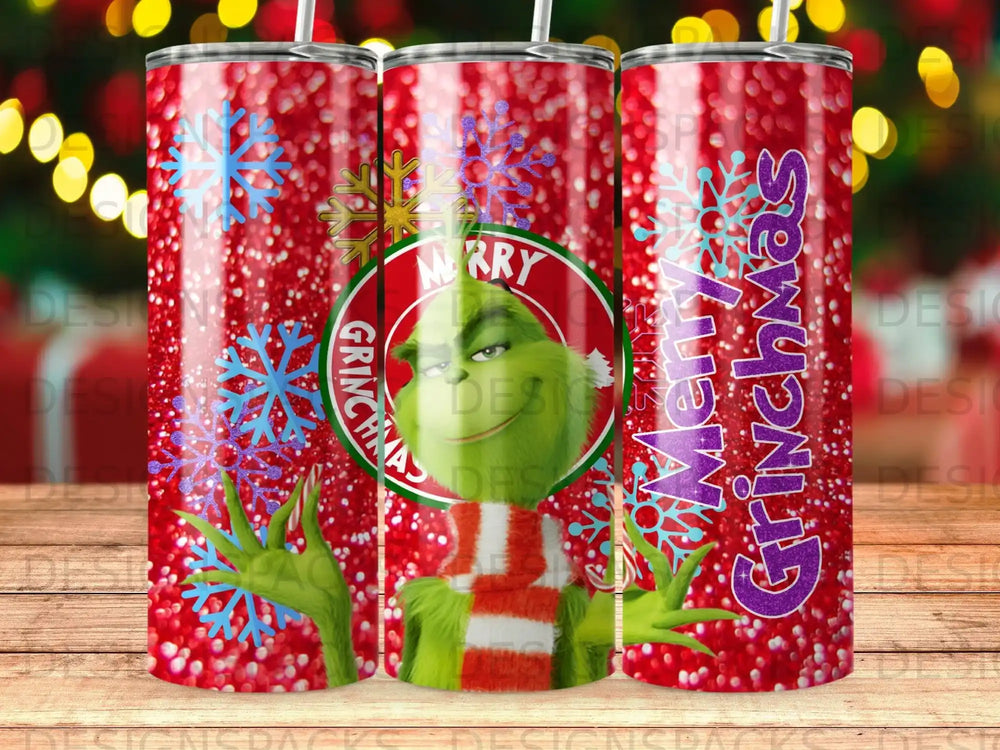 The Grinch on a glittery red tumbler with "Merry Grinchmas" text.