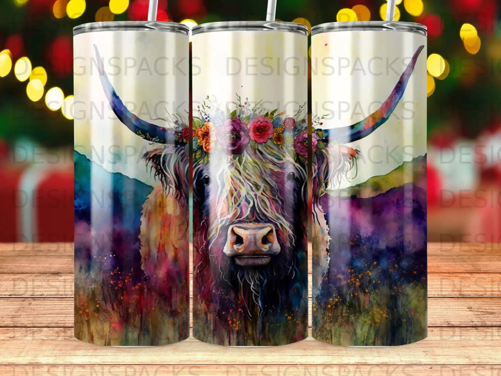 Watercolor highland cow with floral crown, on wooden background.